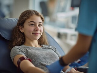 Young woman donating blood while smiling in a donation center  
