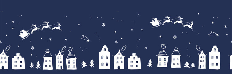 Seamless Christmas pattern with Santa Claus in sleigh, reindeer, snowy trees, stars and cozy houses on dark blue winter night – festive holiday background design