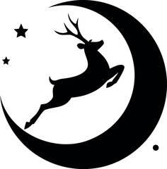 Minimal reindeer silhouette leaping across bright full moon Vector illustration
