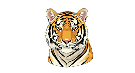 Isolated head shot of Bengal tiger with orange fur and black stripes, feline predator cat