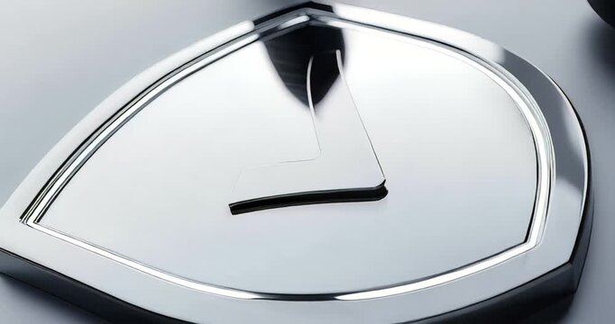 Polished metallic emblem with a check mark on a reflective surface