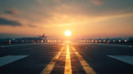 Obraz premium Blurred runway background under golden sunrise, faint airplane silhouette ready for takeoff, mood of progress and new beginnings, cinematic depth with wide copy space.