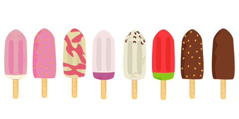 Illustration of a set of eight popsicles lined up in a row. Various types include strawberry, chocolate, chocolate mixed with nuts, black beans, taro. Colorful vector illustration.