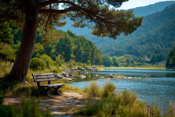 Wooden bench under pine tree by scenic lake with calm water, forested hills, and soft sunlight in peaceful natural setting
