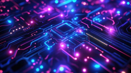 Illuminated circuit board in abstract digital environment at night