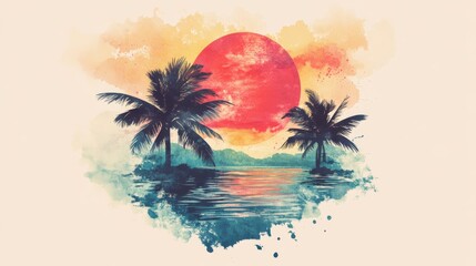 Two palm trees silhouetted against a large red sun at sunset