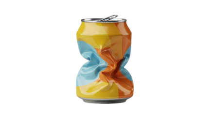 Isolated crushed aluminum can showing dented texture and vibrant yellow orange blue stripes design