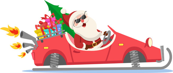 Fototapeta premium Santa Claus driving a red car with gifts boxes and a Christmas tree on a white. Christmas character