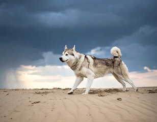 Husky dog on sandy dune under dramatic sky
