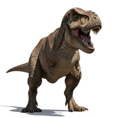 Fierce tyrannosaurus rex dinosaur with open mouth and sharp teeth on a white backdrop
