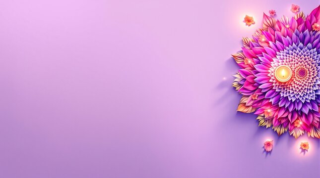 Beautiful floral mandala art with candle at the center on pastel background space for text - Powered by Adobe