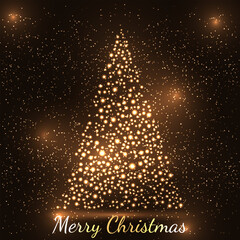 Golden glitter Christmas tree with sparkle stars. Luxury Cristmas greeting card with wishes Merry Christmas. Vector illustration.