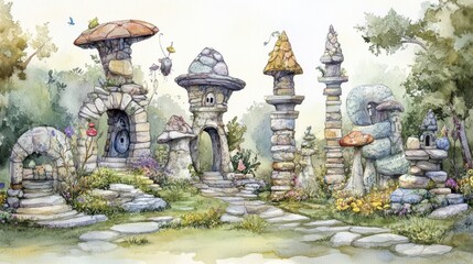 Whimsical garden path with stone structures and colorful mushrooms