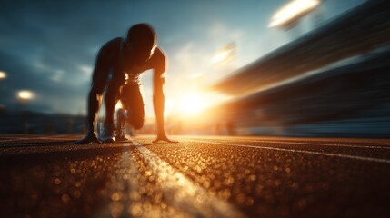 Fototapeta premium Blurred stadium track background with warm morning light and motion blur, runner silhouette in starting pose, feeling of energy and focus, wide copy space.