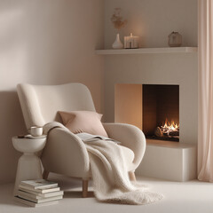 a cozy reading corner near a small fireplace with an open book and a soft blanket on the armchair, a cup of hot cocoa on the side table