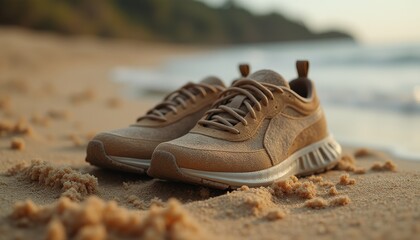 Two pairs of sneakers on sandy beach during daytime
