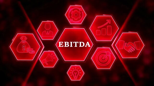 EBITDA Business Concept with Red Glowing Hexagons and Financial Icons EBITDA earnings before interest taxes depreciation amortization
