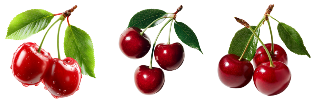 Set of a Fresh Red Cherry with Water Droplets and Leaves, isolated on a transparent background.