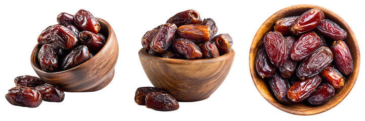 Set of a Collection of Dried Dates in Wooden Bowls, isolated on a transparent background.