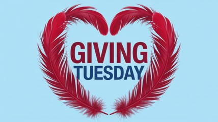 Giving tuesday text with red feathers in heart shape on blue background