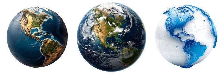 Set of a High Resolution Earth Globe, isolated on a transparent background.