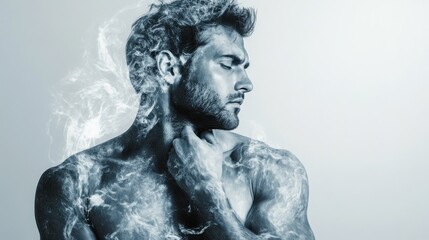 Pensive man touching neck with smoke effect in studio