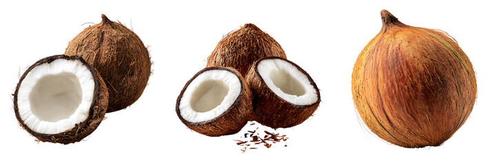 Set of a Fresh Coconut, Whole and Halved, isolated on a transparent background.