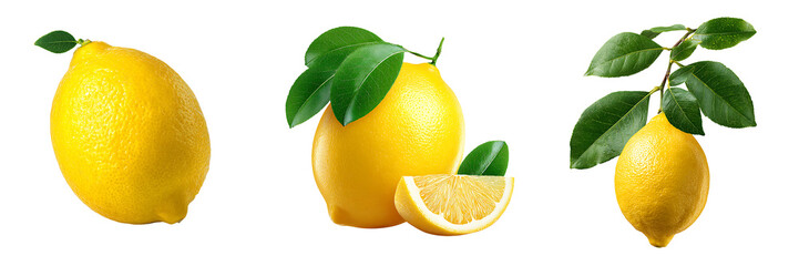 Set of a Fresh Yellow Lemon with Leaves and Slices, isolated on a transparent background.