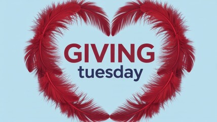 Giving tuesday text with red feathers in heart shape on blue background