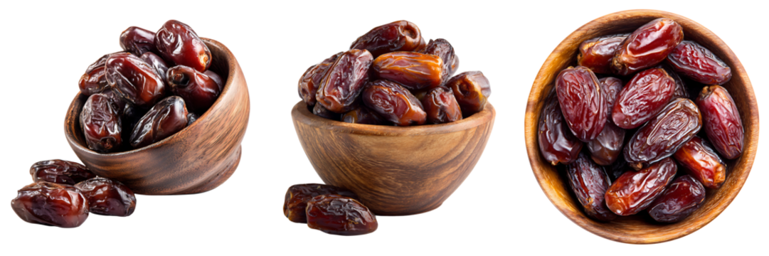 Set of a Collection of Dried Dates in Wooden Bowls, isolated on a transparent background.