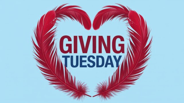 Giving tuesday text with red feathers in heart shape on blue background