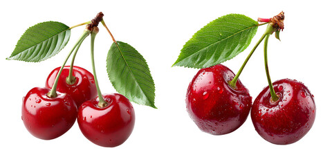 Set of a Fresh Red Cherry with Water Droplets and Leaves, isolated on a transparent background.