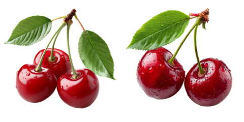 Set of a Fresh Red Cherry with Water Droplets and Leaves, isolated on a transparent background.