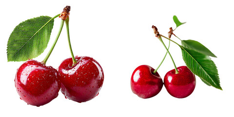 Set of a Fresh Red Cherry with Water Droplets and Leaves, isolated on a transparent background.