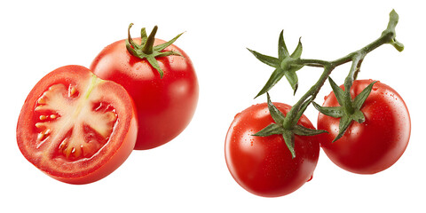 Set of a Fresh Red Tomato, Whole and Sliced, isolated on a transparent background.