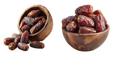 Set of a Collection of Dried Dates in Wooden Bowls, isolated on a transparent background.