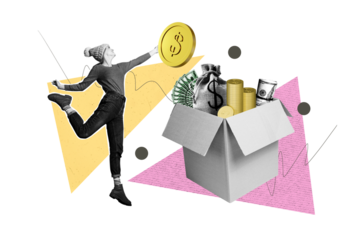 Creative image collage young happy joyful girl ballet dancer carton box delivery money golden coins stack millionaire funds capital