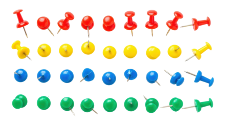 Isolated group of colorful push pins or thumbtacks for message boards and memo reminders