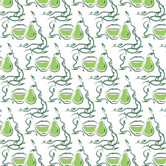 Seamless healthy eating pattern. Pear and porridge. Healthy breakfast. Green pattern on a white background.


