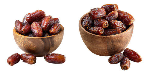 Set of a Collection of Dried Dates in Wooden Bowls, isolated on a transparent background.