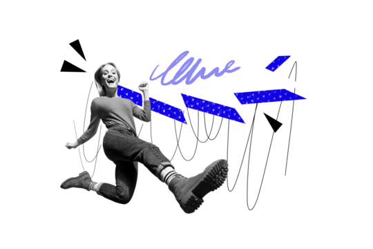 Composite photo collage of excited blonde girl run marathon jogging race fast competition wear boots shoes isolated on painted background