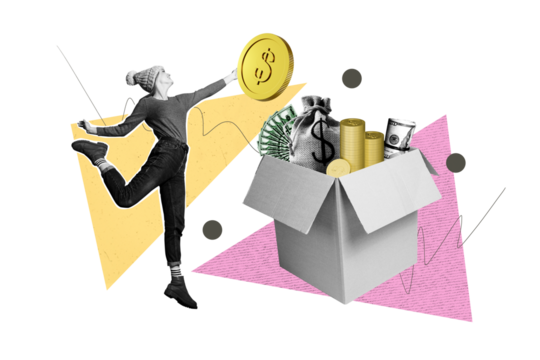 Creative image collage young happy joyful girl ballet dancer carton box delivery money golden coins stack millionaire funds capital - Powered by Adobe