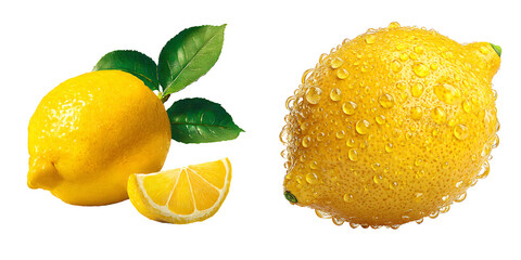 Set of a Fresh Yellow Lemon with Leaves and Slices, isolated on a transparent background.