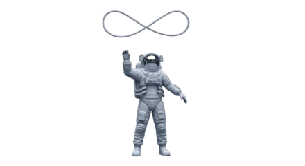 Isolated astronaut with infinity sign above, space explorer floating, journeying, exploration