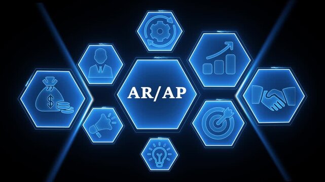 Blue Hexagonal Business Icons with AR/ AP in Center on Dark Blurred Background AR/AP accounts receivable
