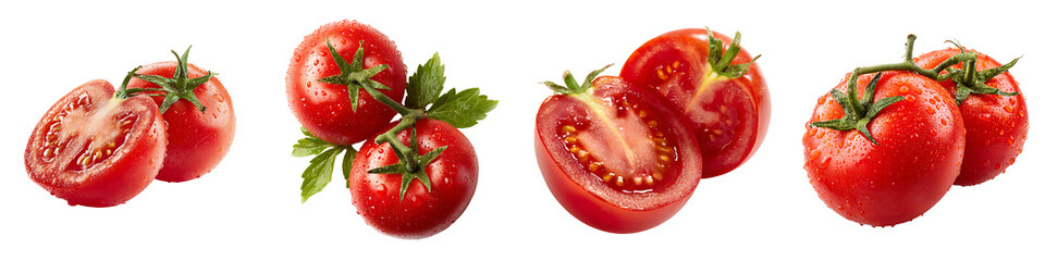Set of a Fresh Red Tomato, Whole and Sliced, isolated on a transparent background.