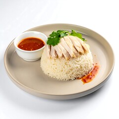 Steamed chicken over rice, garnished with cilantro and a spicy sauce