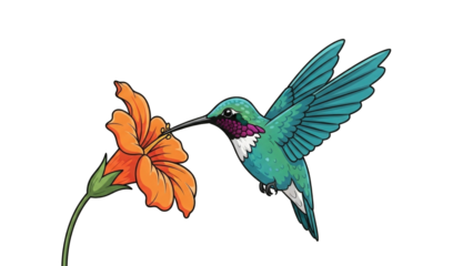 A colorful hummingbird with turquoise feathers feeding on nectar from a vibrant orange flower.