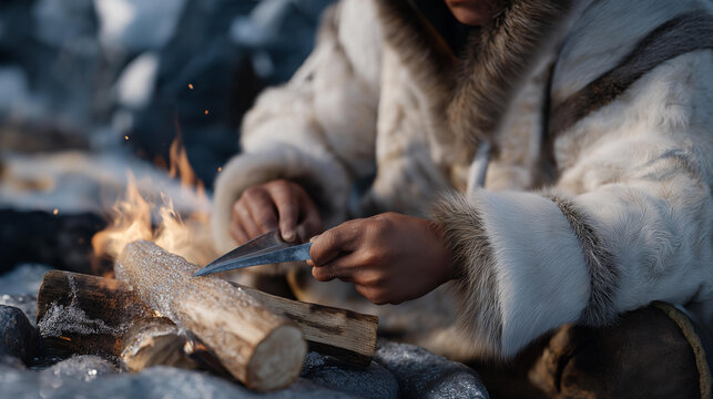 An Inuit hunter, their face weathered, sharpens a harpoon, its bone tip gleaming. A sealskin coat, its surface taut, wraps their frame. A fire crackles, its logs charred, in a stone ring. A frozen