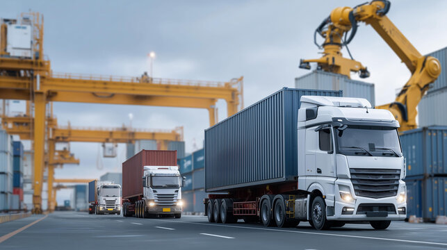 Massive smart port where robotic arms transfer intelligent containers to autonomous trucks, symbolizing high-speed logistics innovation, maritime automation, and fully integrated AI-driven